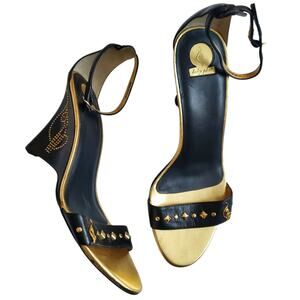 Y2k Baby Phat Wedge Heels Ankle Strap Vintage Gold Black - Size 10